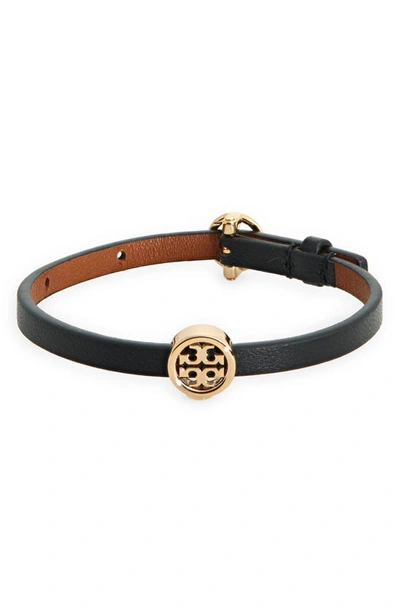 Shop Tory Burch Miller Leather Bracelet In Tory Gold / Black / Cuoio