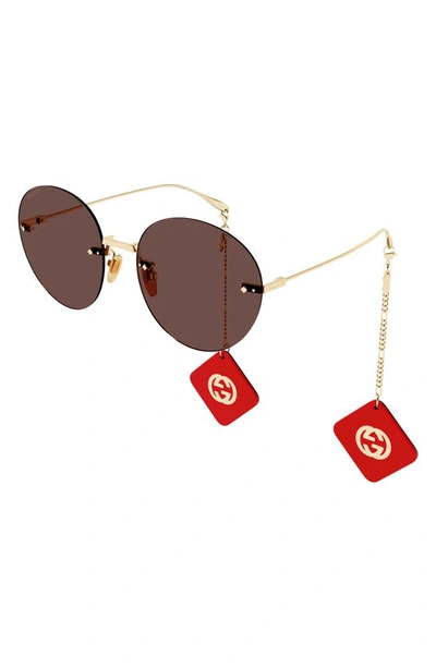 Shop Gucci 60mm Rimless Round Sunglasses With Chain Charms In Gold 2