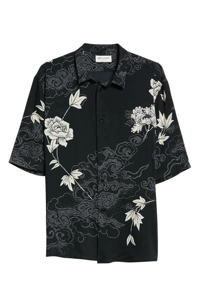 Shop Saint Laurent Floral Short Sleeve Button-up Shirt In 1095 - Noir Craie
