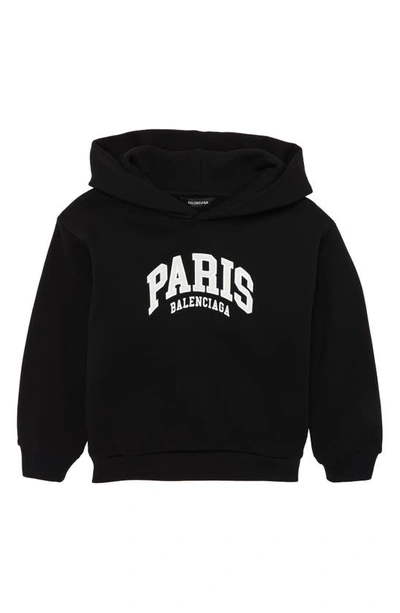 Shop Balenciaga Kid's Cities Paris Logo Cotton Hoodie In Black White
