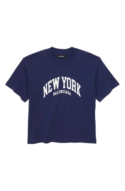 Shop Balenciaga Kid's Cities New York Logo Cotton T-shirt In Marine Blue White