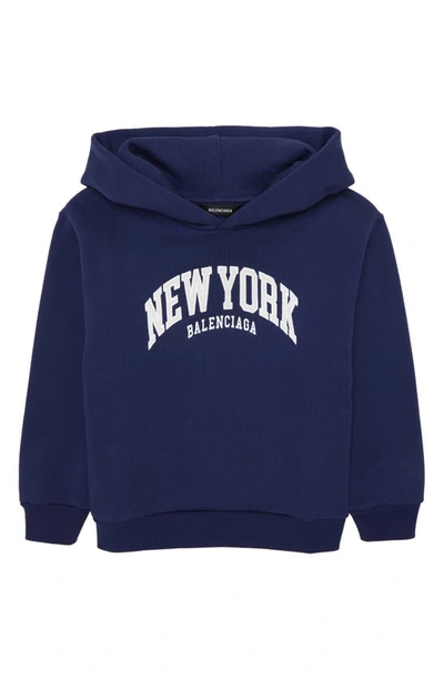 Shop Balenciaga Kid's Cities New York Logo Cotton Hoodie In Marine Blue White