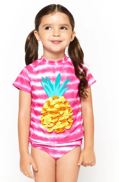 Shop Andy & Evan Kids' Pineapple Stripe Two-piece Rashguard Swimsuit In Pink Pineapple