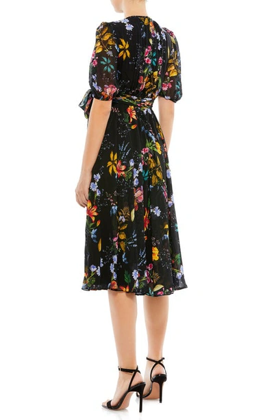 Shop Mac Duggal Floral Belted Midi Dress In Black Multi