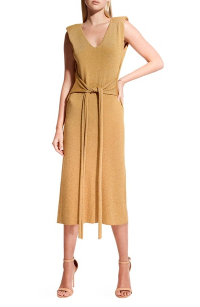 Shop As By Df Mare Tie Front Knit Midi Dress In Gold