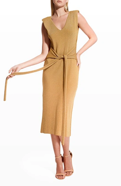 Shop As By Df Mare Tie Front Knit Midi Dress In Gold