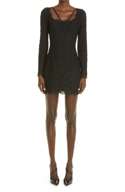 Shop Dolce & Gabbana Dolce&gabbana Logo Strap Long Sleeve Lace Minidress In Nero