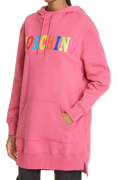 Shop Moschino Logo Graphic Hoodie Dress In Fantasy Print Fuchsia