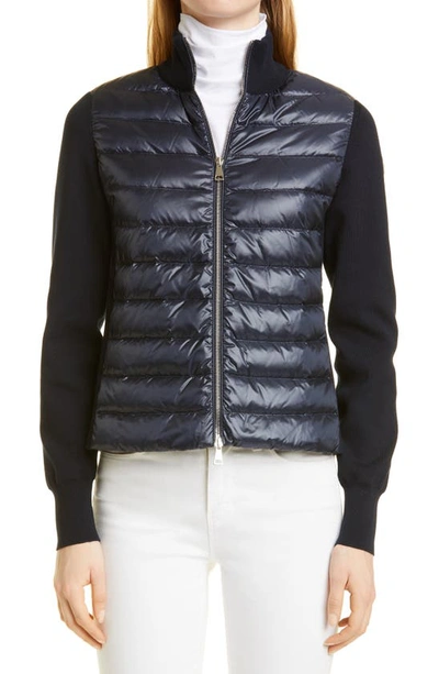 Shop Moncler Quilted Down & Knit Cardigan In 778 Navy