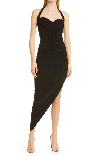 Shop Norma Kamali Cayla Ruched Side Drape Halter Gown In Black