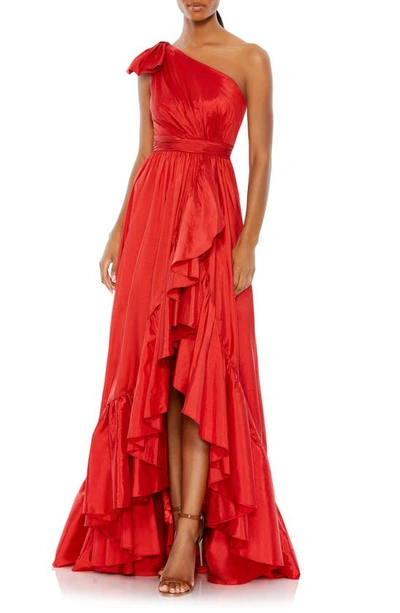 Shop Mac Duggal Ruffle One-shoulder Taffeta Gown In Red