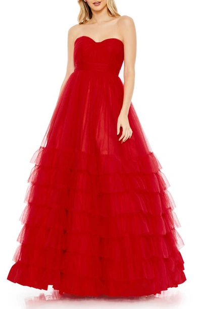 Shop Mac Duggal Ruffle Strapless Tulle Ballgown In Red