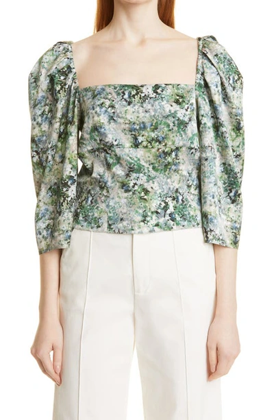 Shop Vince Painted Floral Square Neck Blouse In Herb