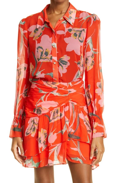 Shop Milly Lacey Floating Floral Blouse In Coral Multi