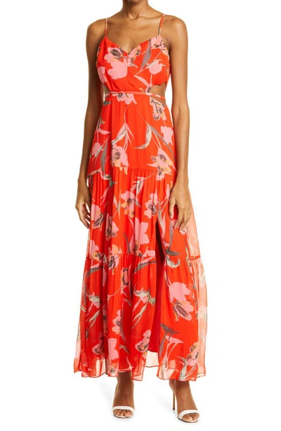 Shop Milly Wilda Floating Botanica Tiered Cutout Dress In Coral Multi