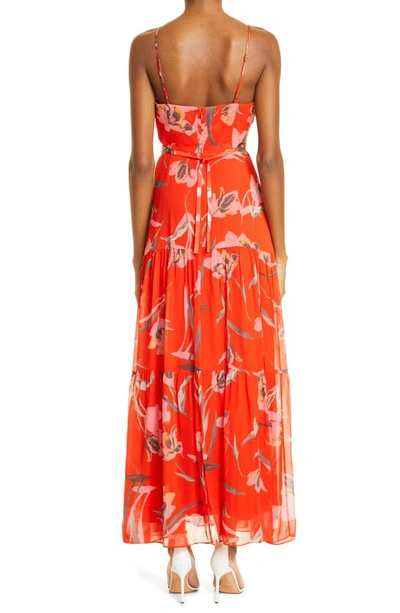 Shop Milly Wilda Floating Botanica Tiered Cutout Dress In Coral Multi