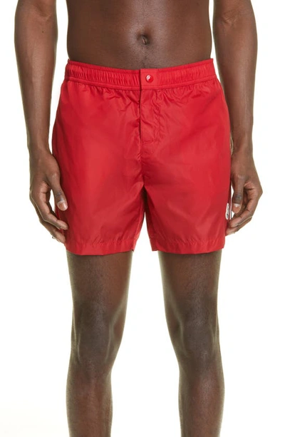 Shop Moncler Logo Patch Swim Trunks In Red