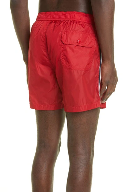 Shop Moncler Logo Patch Swim Trunks In Red