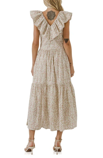 English Factory Floral Ruffle Tiered Midi Dress In Red Multi