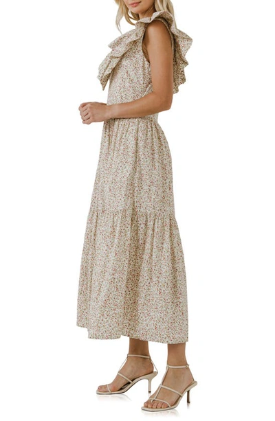 English Factory Floral Ruffle Tiered Midi Dress In Red Multi