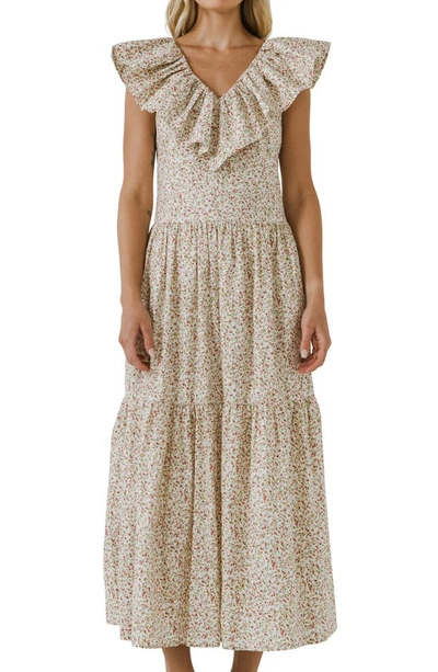 English Factory Floral Ruffle Tiered Midi Dress In Red Multi