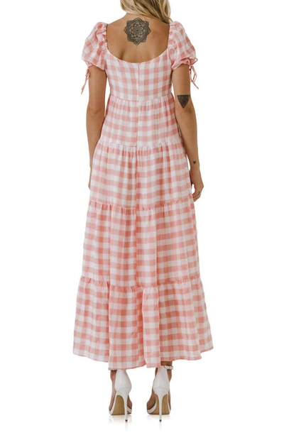 English Factory Gingham Knot Tiered Cotton Blend Midi Dress In Pink