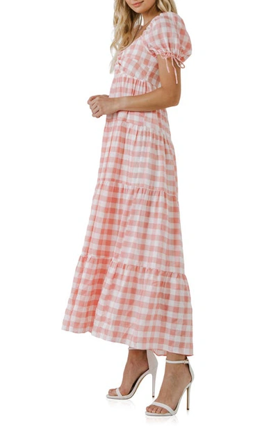 English Factory Gingham Knot Tiered Cotton Blend Midi Dress In Pink