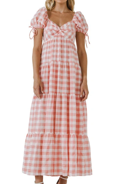 English Factory Gingham Knot Tiered Cotton Blend Midi Dress In Pink