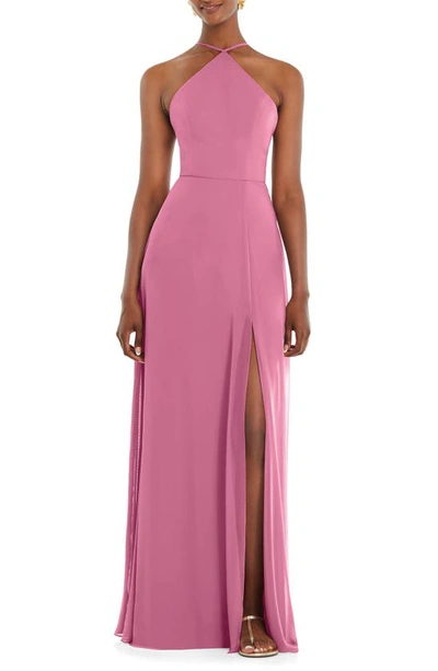 Shop Lovely Halter Neck Chiffon Gown In Orchid Pink