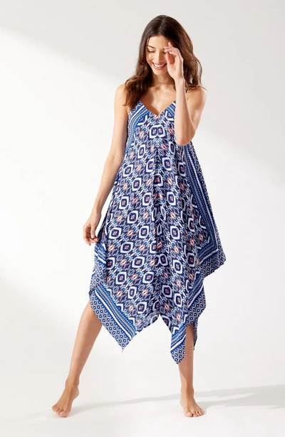 Shop Tommy Bahama Ikat Print Handkerchief Cover-up Dress In Mare Navy