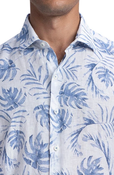 Shop Bugatchi Shaped Fit Tropical Leaf Print Short Sleeve Linen Button-up Shirt In Riviera