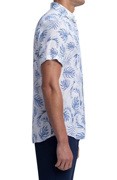 Shop Bugatchi Shaped Fit Tropical Leaf Print Short Sleeve Linen Button-up Shirt In Riviera