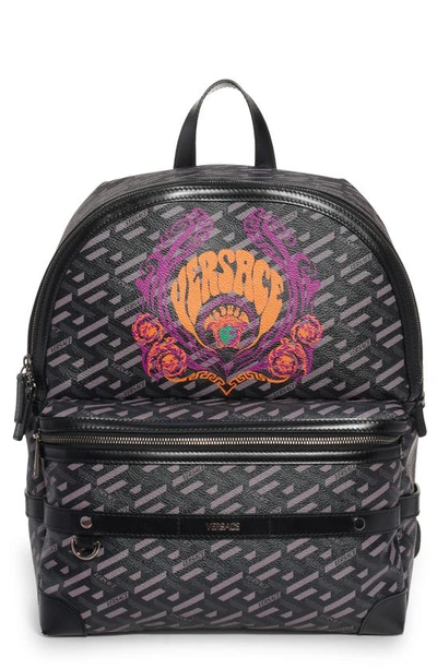 Shop Versace Greca Print Love Medusa Backpack In Black Grey Multi