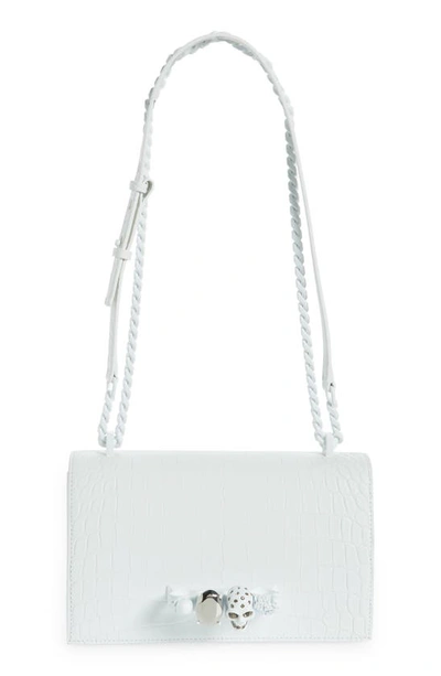 Shop Alexander Mcqueen Croc Embossed Knuckle Ring Leather Shoulder Bag In White