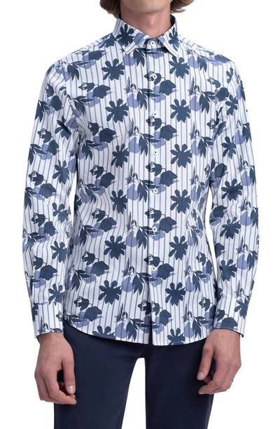 Shop Bugatchi Shaped Fit Floral Print Stretch Cotton Button-up Shirt In White/ Navy