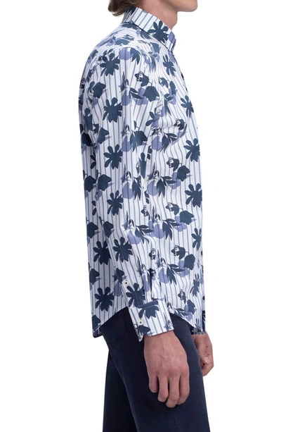 Shop Bugatchi Shaped Fit Floral Print Stretch Cotton Button-up Shirt In White/ Navy