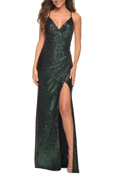 Shop La Femme Faux Wrap Sequin Gown In Emerald