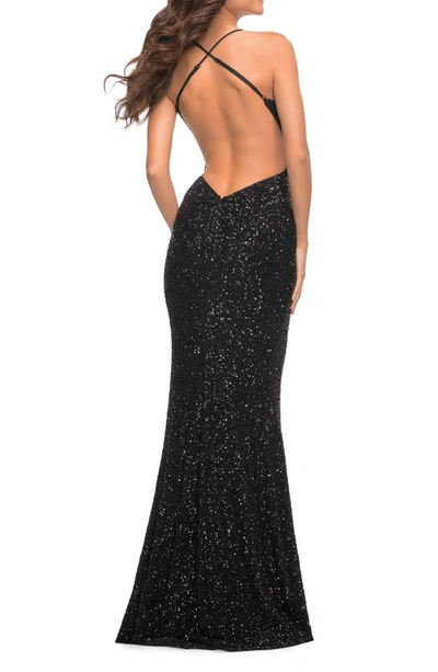 La Femme Luxurious Soft Sequin Dress With V Neckline In Black