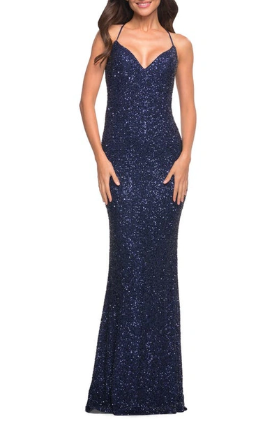 Shop La Femme Stretch Sequin Sleeveless Gown In Navy