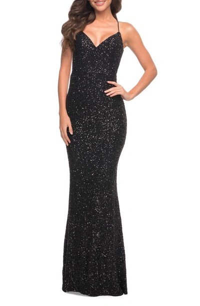 Shop La Femme Stretch Sequin Sleeveless Gown In Black