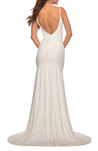 Shop La Femme Sleeveless Jersey Gown With Train In White