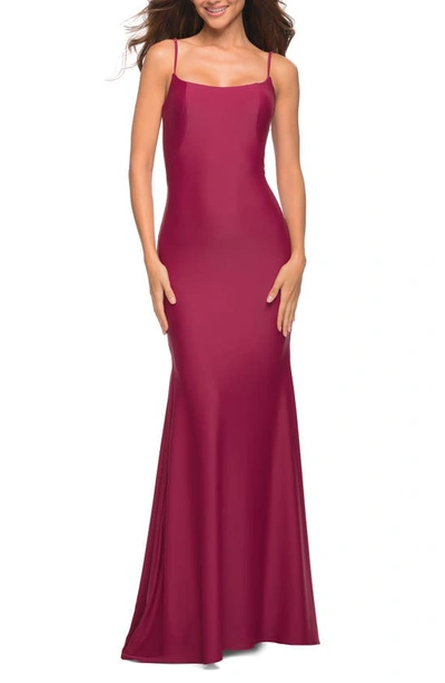 Shop La Femme Sleeveless Jersey Gown With Train In Berry