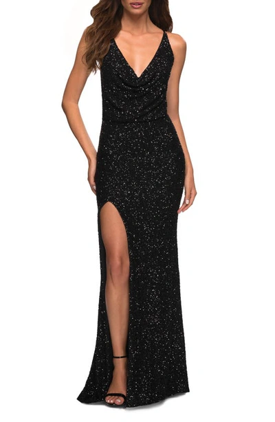 Shop La Femme Sequin Sleeveless Gown In Black