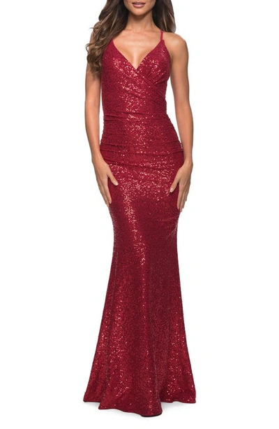 Shop La Femme Sequin Trumpet Gown In Red