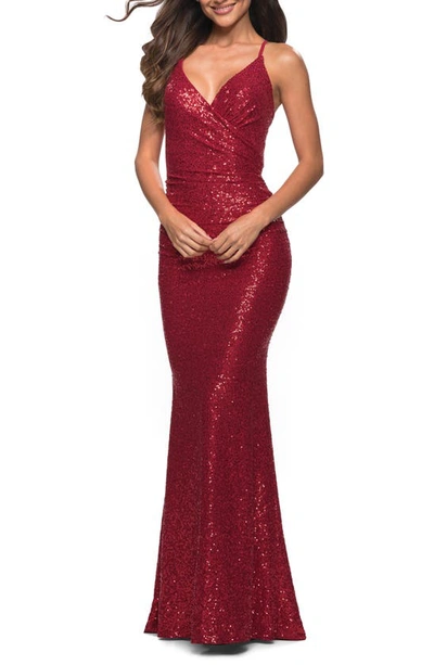 Shop La Femme Sequin Trumpet Gown In Red