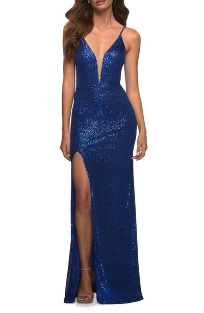 Shop La Femme Illusion Inset Sequin Gown In Royal Blue