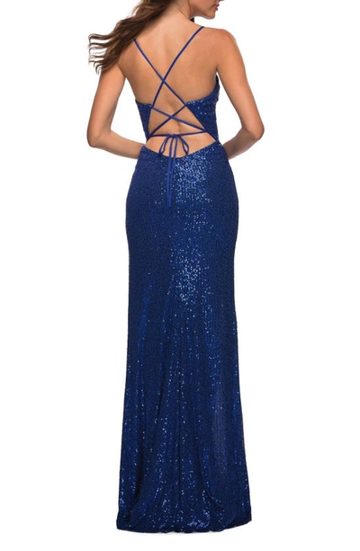Shop La Femme Illusion Inset Sequin Gown In Royal Blue