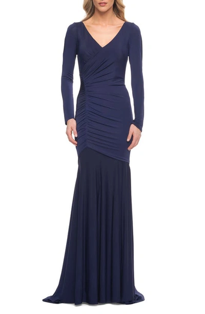 Shop La Femme Ruched Long Sleeve Jersey Gown In Navy