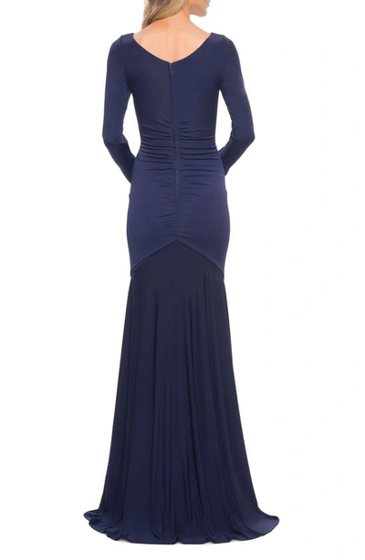 Shop La Femme Ruched Long Sleeve Jersey Gown In Navy
