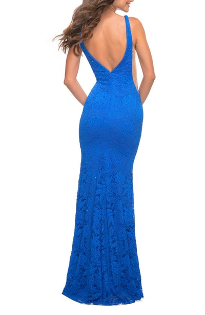 Shop La Femme Illusion Inset Lace Gown In Royal Blue